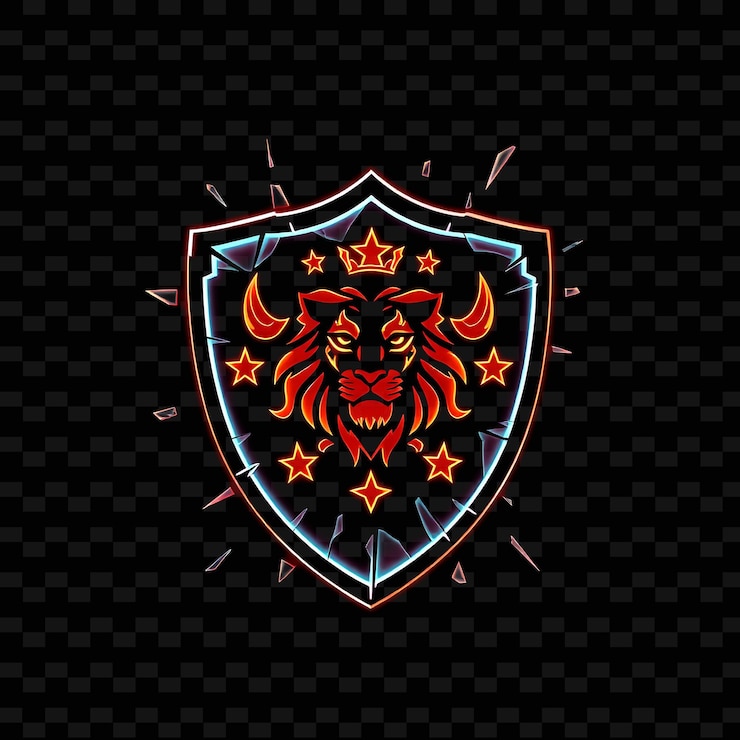 PSD neón pulsante dentro de una insignia en forma de escudo con bordes de vidrio rotos en el interior está decorado con un li