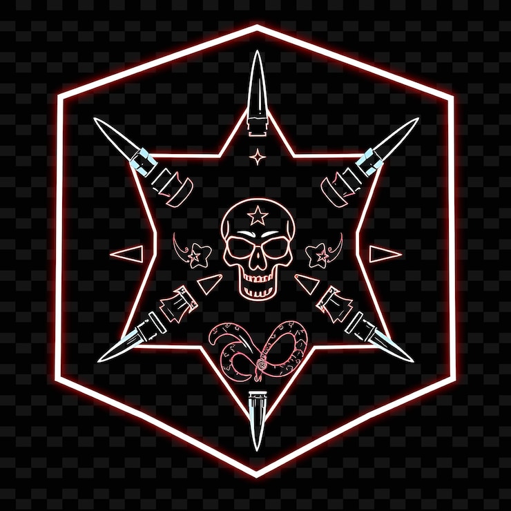 PSD neón pulsante dentro de una insignia del pentágono con contornos llenos de balas en el interior está decorado con calaveras