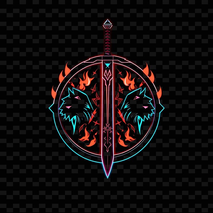 PSD el neón pulsante en una insignia circular con silueta de espada y marco afilado en el interior está decorado