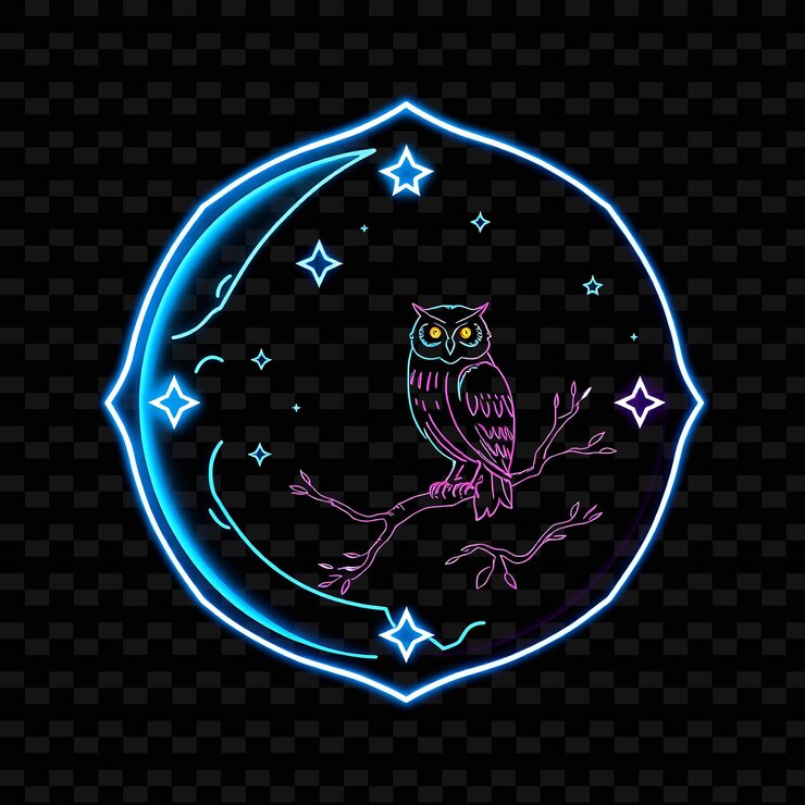 PSD el neón pulsante que delinea una insignia en forma de luna con líneas delicadas en el interior está decorado con estrellas.