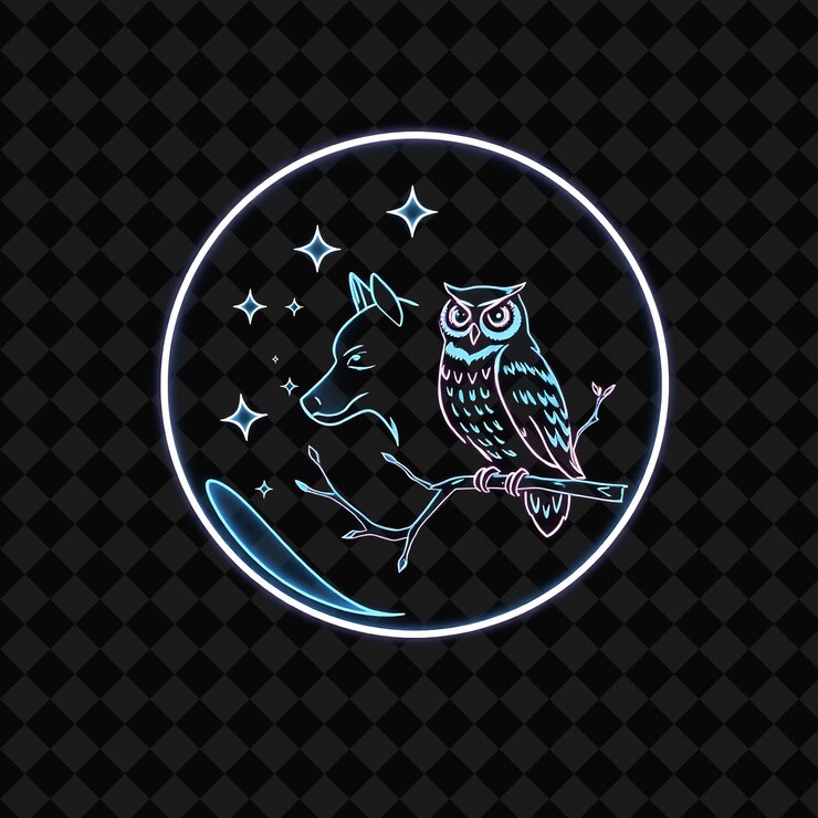 PSD el neón pulsante que delinea una insignia en forma de luna con líneas delicadas en el interior está decorado con estrellas.