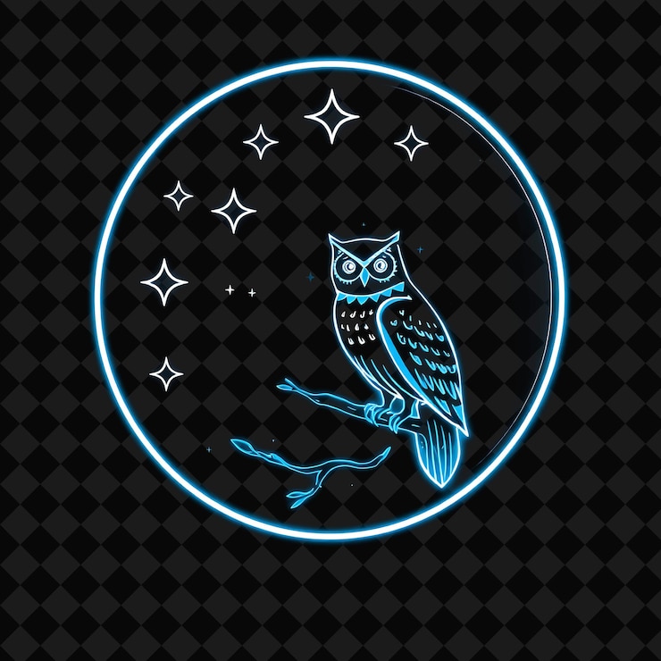 PSD el neón pulsante que delinea una insignia en forma de luna con líneas delicadas en el interior está decorado con estrellas.