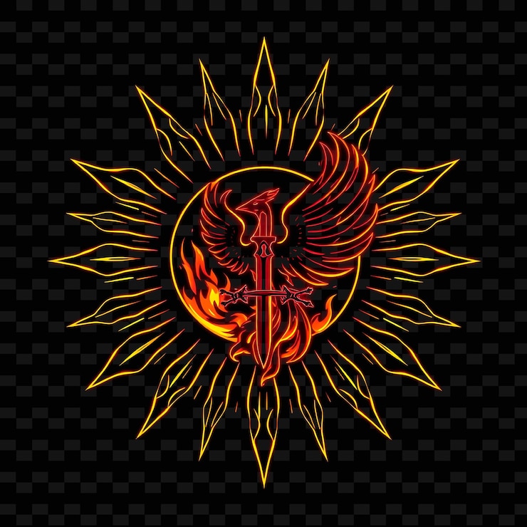 PSD el neón pulsante que describe una insignia en forma de sol con rayos que fluyen en el interior está decorado con llamas una espada