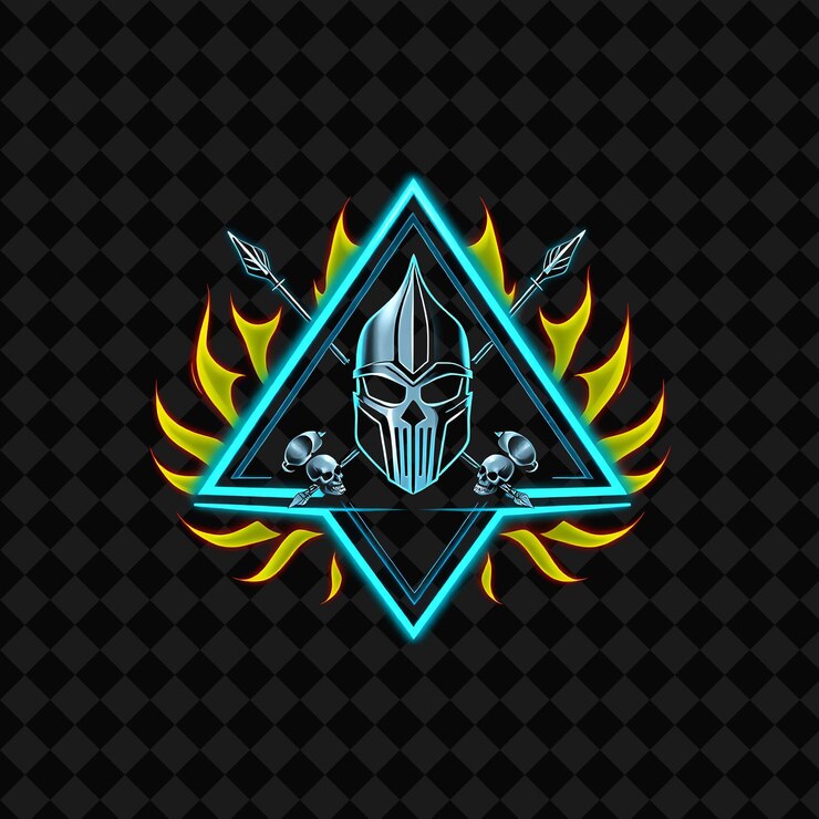 PSD neón pulsante que rodea una insignia triangular con bordes como llamas en el interior decorados con un caballero