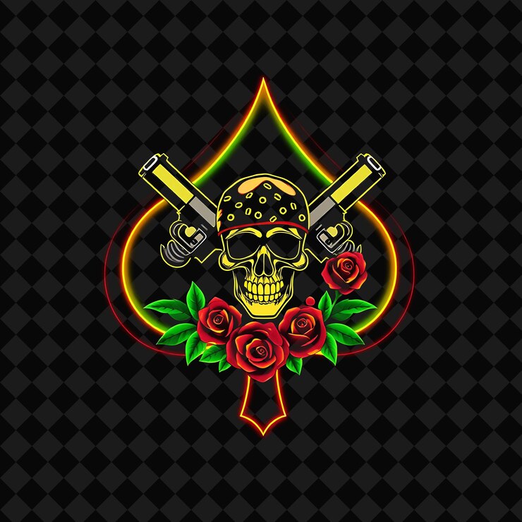 PSD neon radiante dentro de um distintivo em forma de pá com bordas cheias de balas dentro é decorado com uma pistola