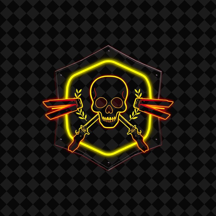 PSD neon radiante dentro de um emblema do pentágono com bordas metálicas no interior é decorado com um crânio e cr