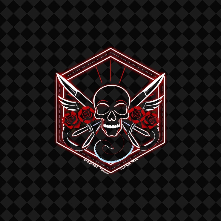PSD neón radiante dentro de una insignia hexagonal con bordes ásperos la forma del interior está decorada con espadas cruzadas