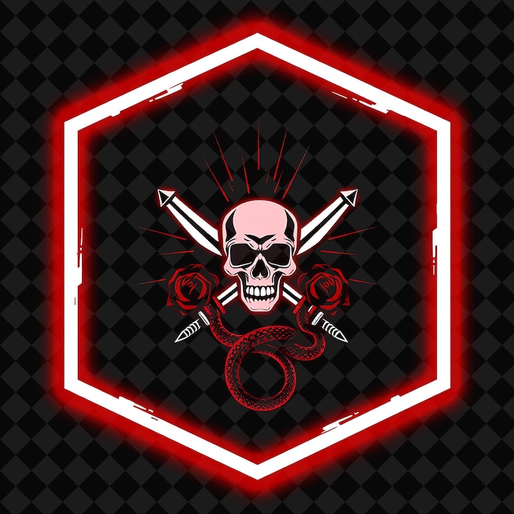 PSD neón radiante dentro de una insignia hexagonal con bordes ásperos la forma del interior está decorada con espadas cruzadas