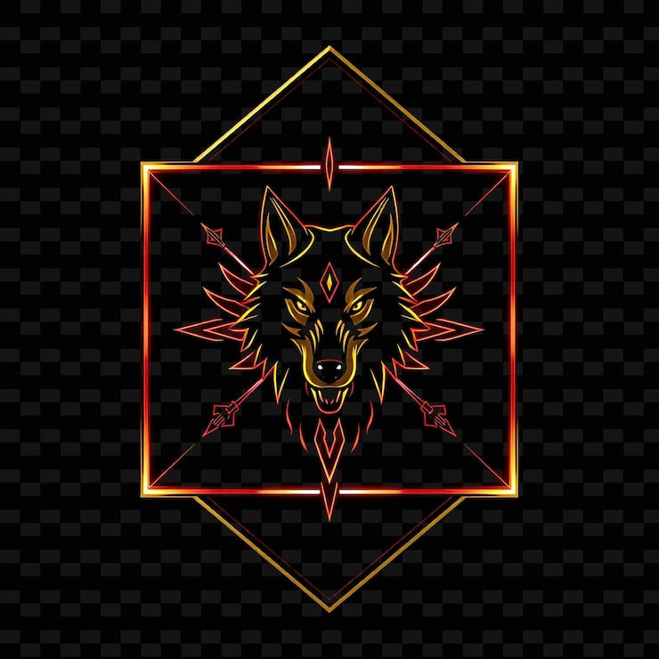 PSD neón radiante dentro de una insignia del pentágono con bordes metálicos en el interior está decorado con una cabeza de lobo