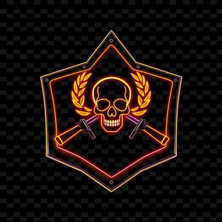 PSD neón radiante dentro de una insignia del pentágono con bordes metálicos en el interior está decorado con una calavera y cr