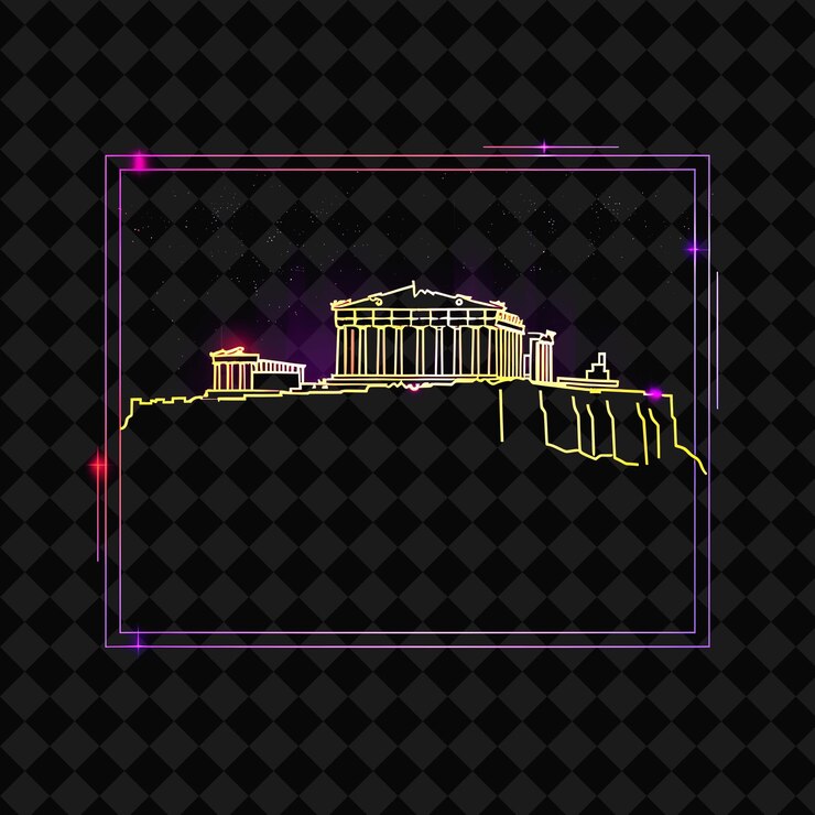 PSD neón radiante horizonte de atenas dentro de una silueta tierras cuadradas png y2k monolina paisaje urbano arte de collage
