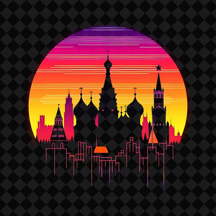 PSD neón radiante horizonte de moscú dentro de una silueta tierras cuadradas png y2k monolina paisaje urbano arte de collage