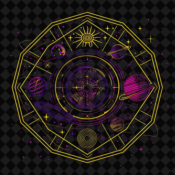 PSD neon radiante il sistema solare all'interno di una silhouette pentadecag png y2k neon space designs