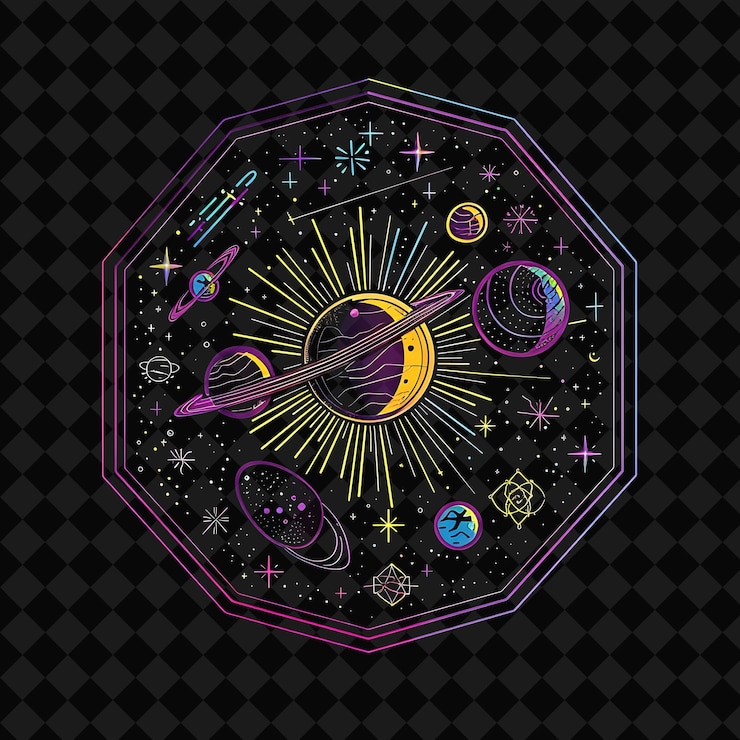 PSD neon radiante il sistema solare all'interno di una silhouette pentadecag png y2k neon space designs