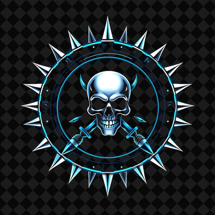 PSD el neón radiante que rodea una insignia circular con picos metálicos en el interior está decorado con una calavera
