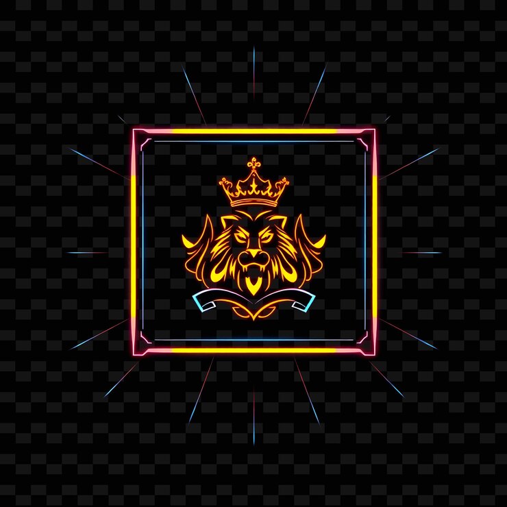 PSD el neón radiante que rodea una insignia rectangular con bordes afilados en el interior presenta una corona de león y