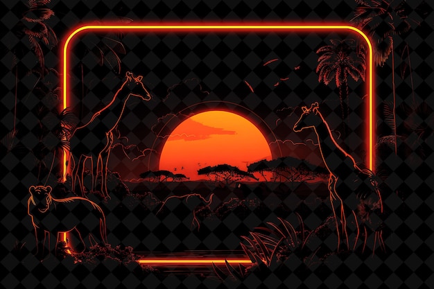 Neon-safari-arkanrahmen mit wildtieren und safari-landschaft neon-farbrahmen y2k-kunstsammlung