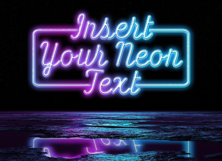PSD neon sign text effect reflecting in wet ground 