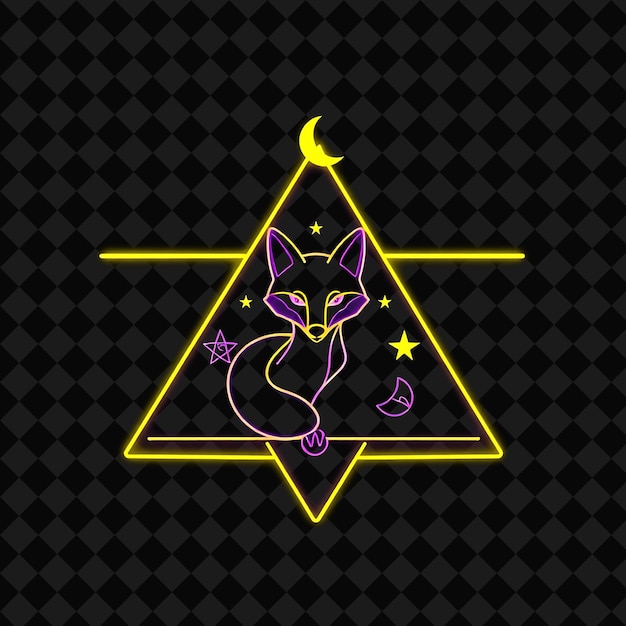 Neón suave envolviendo una insignia triangular con símbolos grabados en el interior está decorado con una zorra estrellas y