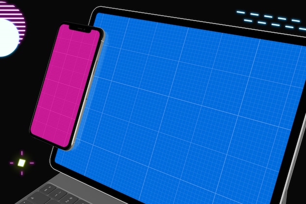 PSD neon tablet und mobile mockup