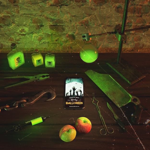 Néon vert haut angle avec smartphone sur table en bois