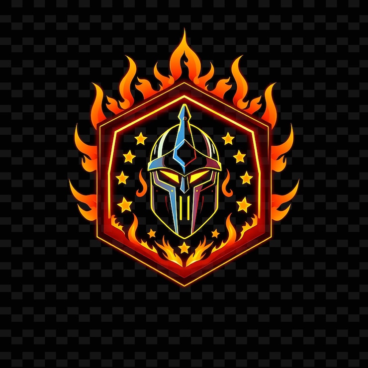PSD neón vibrante dentro de una insignia hexagonal con bordes de llama en el interior sostiene un casco de caballero fuego y s