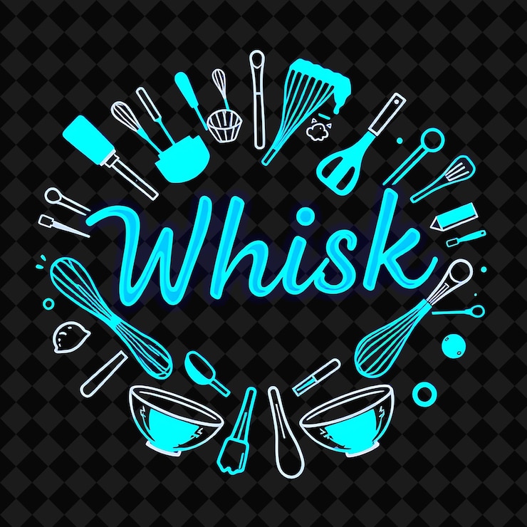 PSD neon whisk texto en azul eléctrico rodeado de utensilios de batido un decor de alimentos de neón inspirado en png