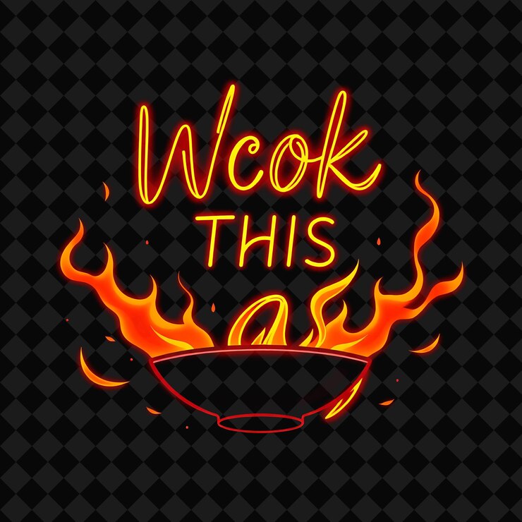 PSD neon wok this way texto brillantes en naranja y rojo vibrante con gl png inspirado en la decoración de alimentos de neón