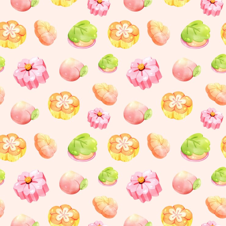 PSD nerikiri una variedad de dulces japoneses patrón sin costuras pintura digital acuarela dibujada a mano