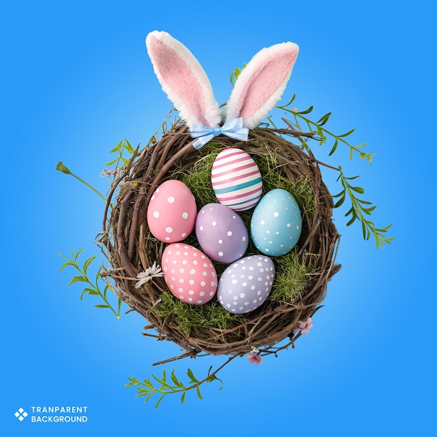 Nest de Pâques avec des œufs et des oreilles de lapin sur un fond bleu Poster Flyer Banner et conception de carte