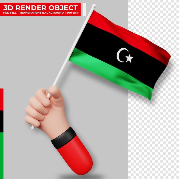 Nette illustration der hand, die libyen-flagge hält. tag der unabhängigkeit libyens. länderflagge.