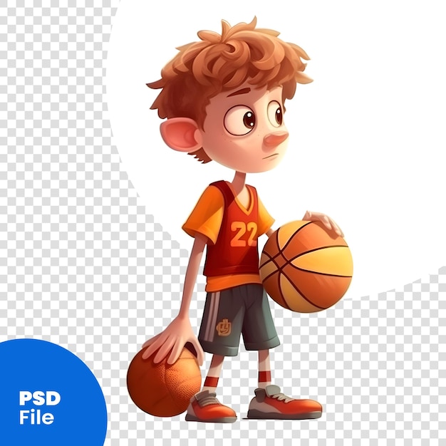 Netter junge mit basketballball. zeichentrickfigur. vektorillustration. psd-vorlage