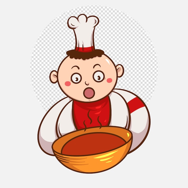Netter kleiner babyjunge isst brei oder suppe in der schüsselkarikaturillustration