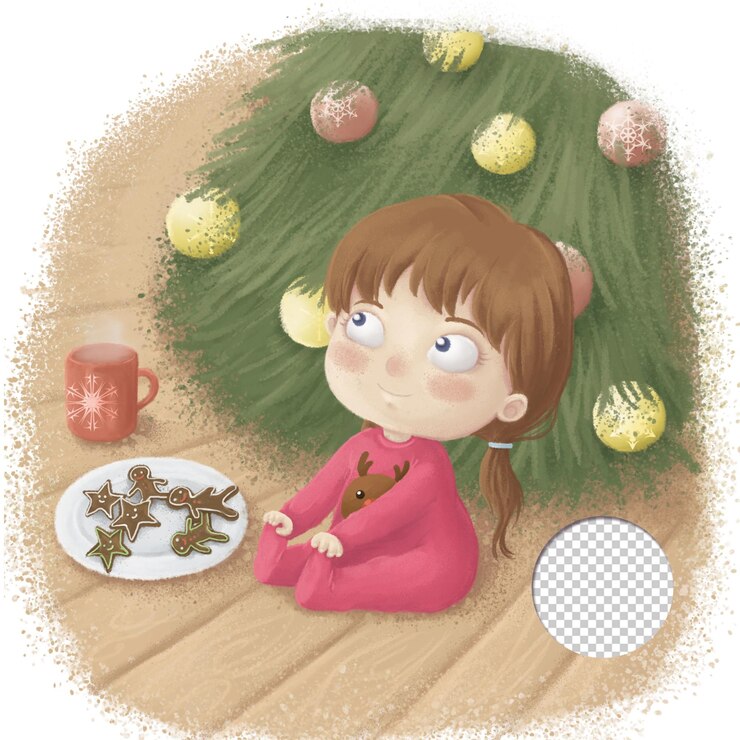 PSD nettes mädchen mit weihnachtsbaum, das auf santa claus kawaii grußkarte wartet