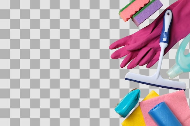 Nettoyage de printemps Outils de nettoyage isolés sur fond blanc Espace pour le texte vue supérieure PNG