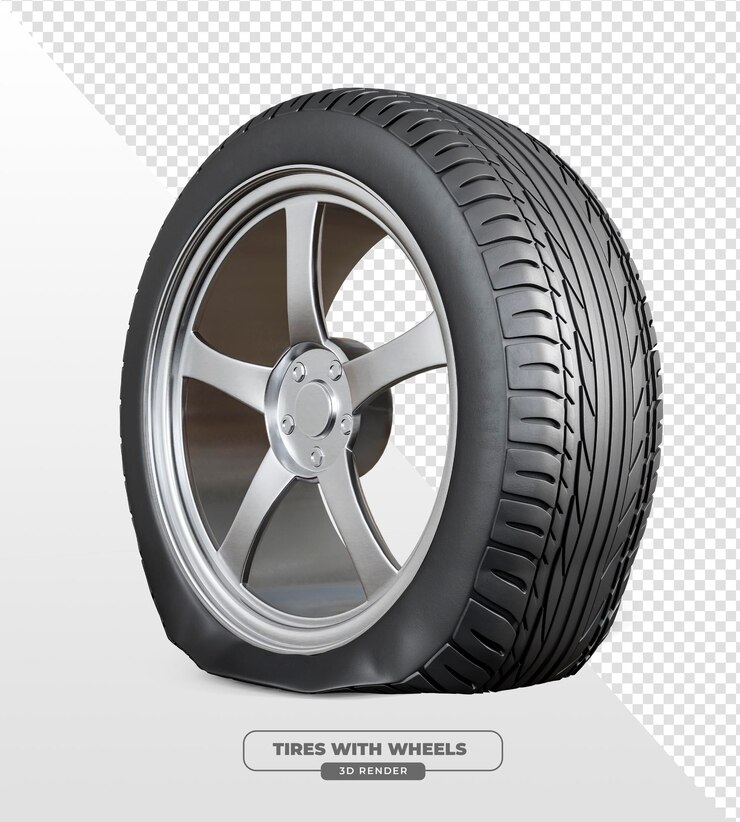 PSD neumático de coche desinflado con rueda de metal en renderizado 3d con fondo transparente