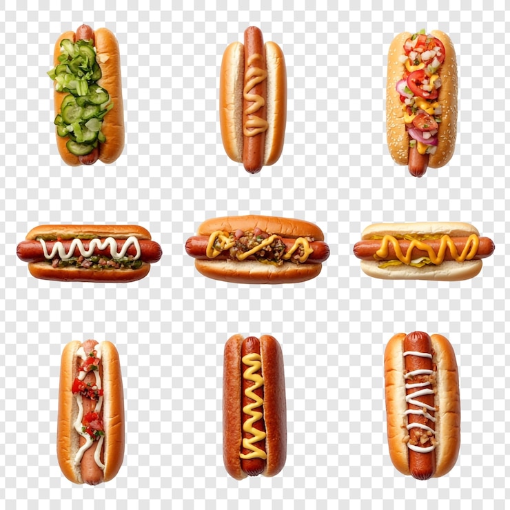 PSD neun köstliche hotdogs mit verschiedenen toppings