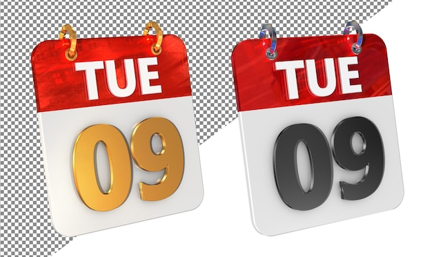 Neunter 9. Dienstag Datum 3D-Icon Isolierter Goldverstärker Glänzender 3D-Rendering