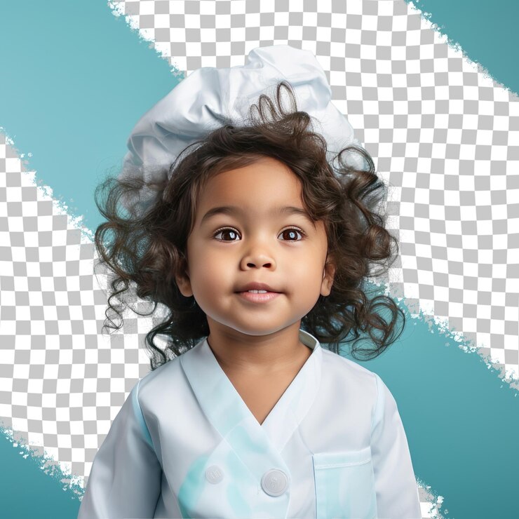 PSD neurocirujano de cabello ondulado de preescolar de las islas del pacífico mirando a través del sombrero estilo prop pastel sky blue background
