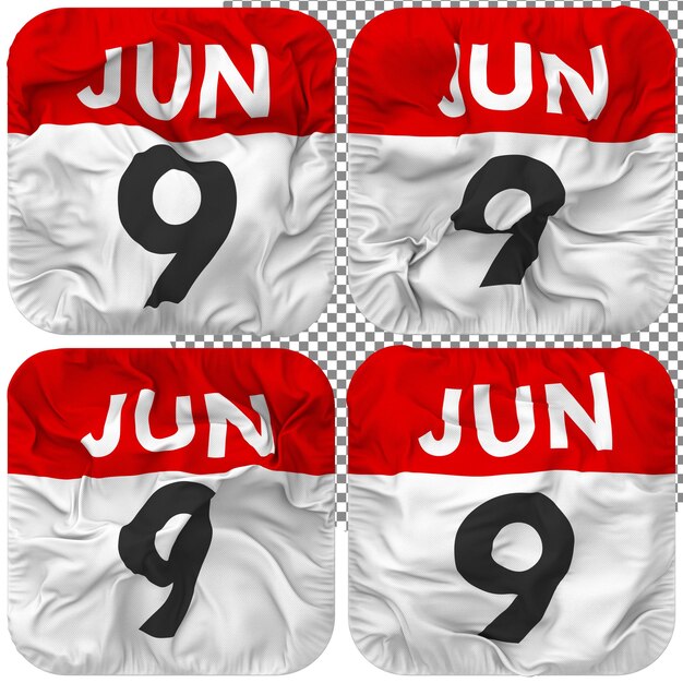 Neuvième 9 juin Icône de calendrier de date isolée Quatre Style de ondulation Texture de bosse Rendu 3D