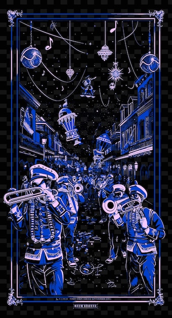 PSD new orleans brass band tocando em um desfile de mardi gras com desenhos de cartazes de música de ilustração f