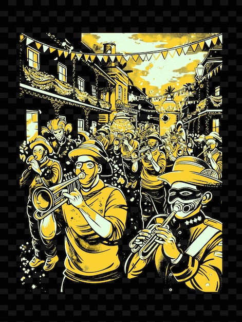 PSD new orleans brass band tocando em um desfile de mardi gras com desenhos de cartazes de música de ilustração f