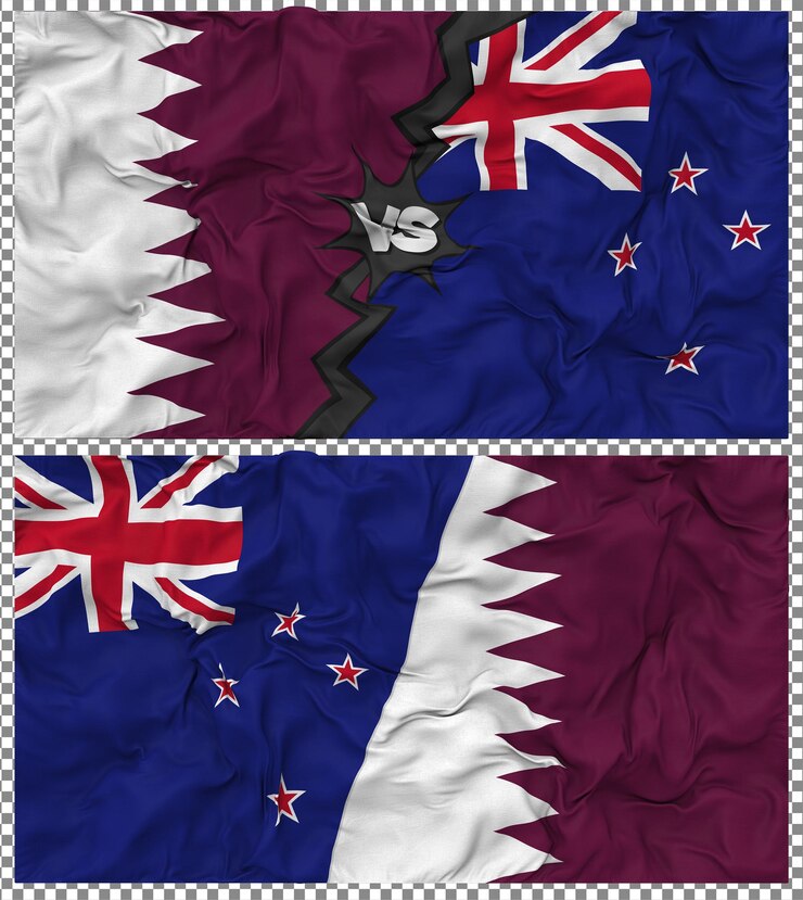 PSD new zealand vs qatar half combined flag cloth bump texture 3d rendering