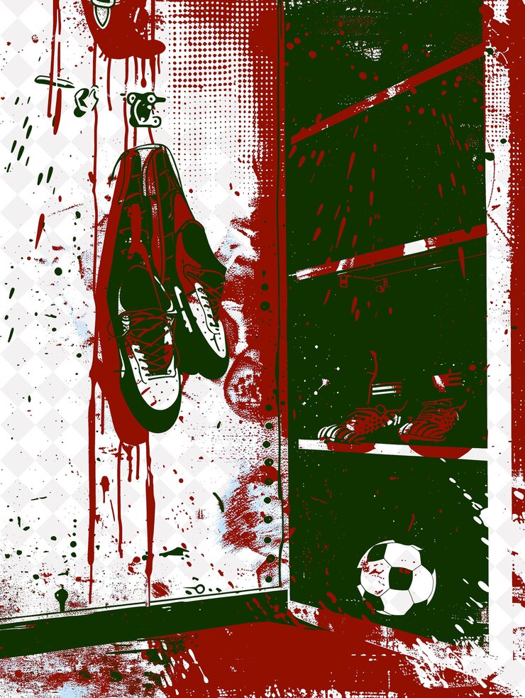 PSD neymar jrs cleats pendurado de um armário com uma cena vermelha de samba da brasil e ilustrações culturais