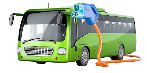Ônibus turístico elétrico com tomada de carregamento de carro elétrico Conceito de transporte ecológico Renderização 3D