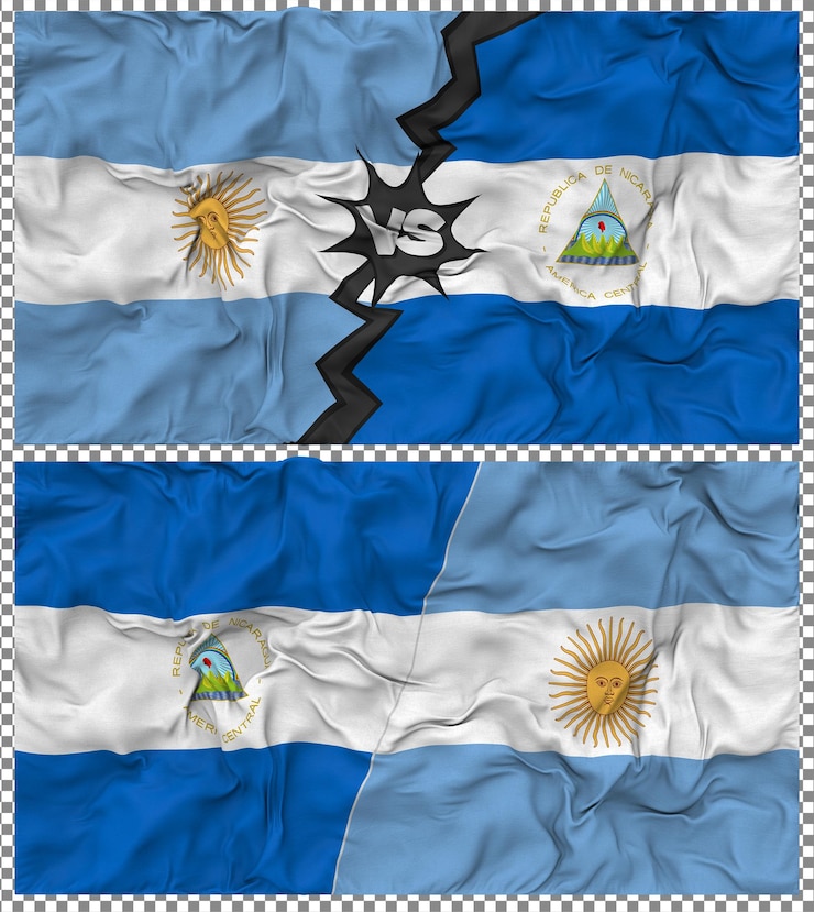 PSD nicaragua contra argentina media bandera combinada con textura 3d de la tela