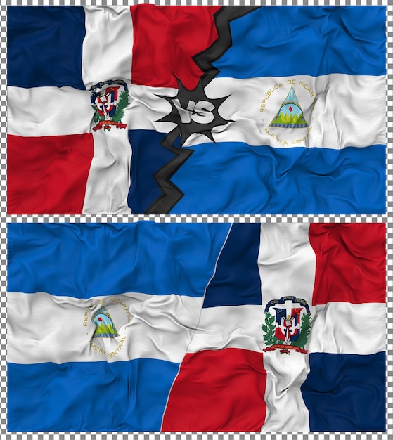 Nicaragua contra Dominica Media bandera combinada con textura 3D de la tela de la bandera