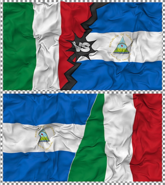 Le Nicaragua contre l'Italie Half Combined Flag Cloth Bump Texture Rendering 3D