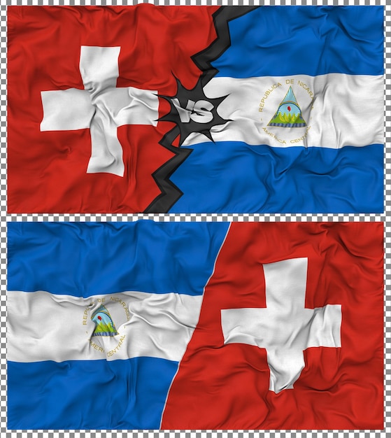 Nicaragua gegen Schweiz Halbkombinierte Flagge Stoff-Bump-Textur 3D-Rendering