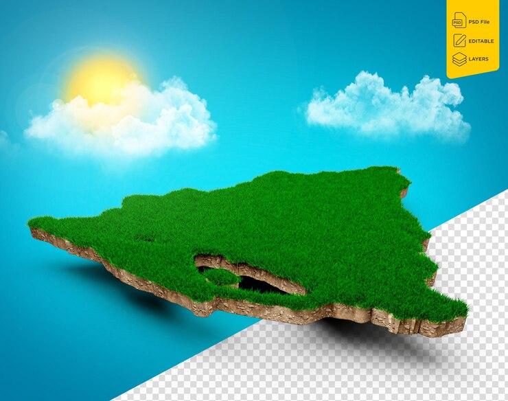 PSD nicaragua map soil land geology cross section with grass and rock ground texture 3d illustration